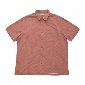 Caribbean Pure Silk Mens XL Short Sleeve Button Down Shirt Salmon Pink Textured